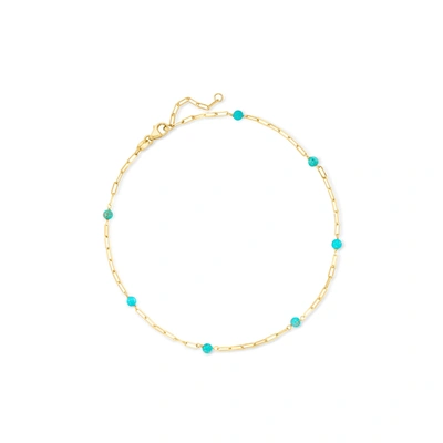 Rs Pure By Ross-simons 3-4mm Turquoise Bead Station Paper Clip Link Anklet In 14kt Yellow Gold In Blue