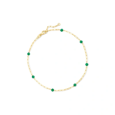 Rs Pure By Ross-simons Emerald Bead Station Paper Clip Link Anklet In 14kt Yellow Gold In Green