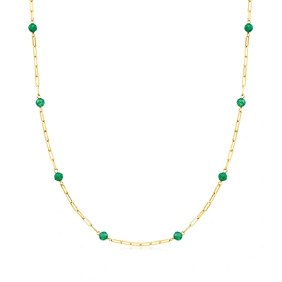 Rs Pure By Ross-simons Emerald Bead Station Paper Clip Link Necklace In 14kt Yellow Gold In Green