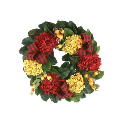 Creative Displays 26in Hydrangea And Berry Fall Wreath With Plaid Bows In Red