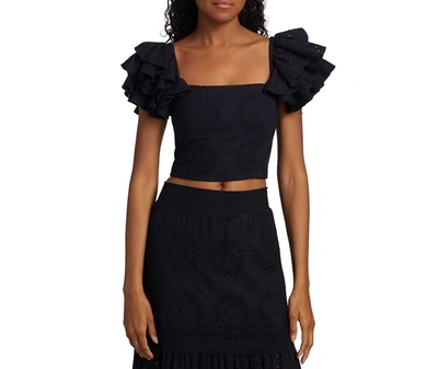 ALICE AND OLIVIA TAWNY SQUARE NECK RUFFLE CROP TOP IN BLACK