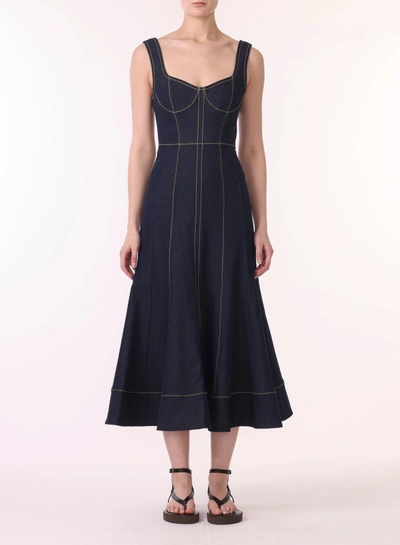 Jason Wu Topstitch Sweetheart Denim Midi Dress In Blue