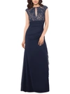 BETSY & ADAM WOMENS RUFFLED MAXI EVENING DRESS