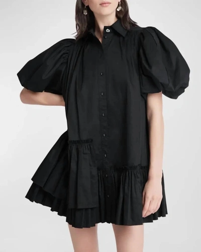 Aje Ambience Smocked Cotton Puff-sleeve Mini Dress In Black
