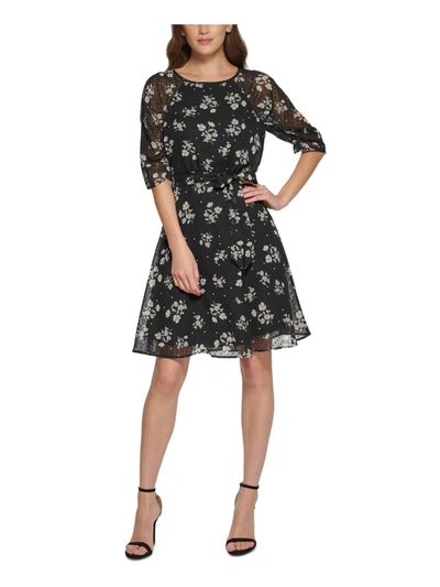 Dkny Women's Floral-print Puff-sleeve Fit & Flare Dress In Black