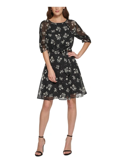DKNY Women's Speckle Sleeveless Jewel Neck Knee Length Fit Flare Dress Black Size 16