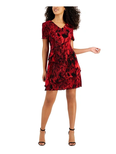 Connected Apparel Petites Womens Crinkled Short Sleeves Shift Dress In Red