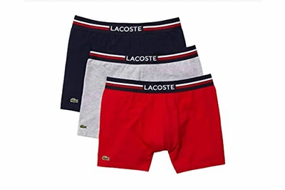 LACOSTE MEN BOXER BRIEFS PACK 3 FRENCH FLAG ICONIC LIFESTYLE IN NAVY BLUE/SILVER