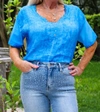 LOOK MODE USA V- NECKLINE LINEN SHIRT IN ROYAL BLUE