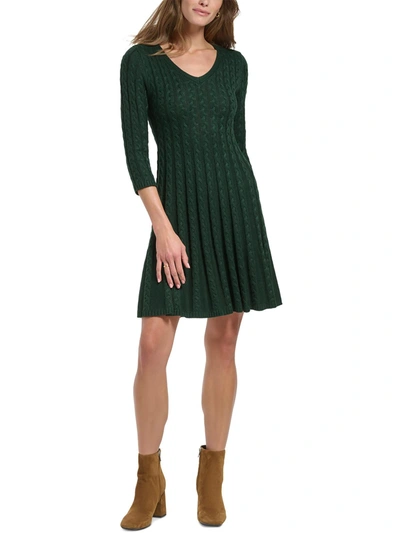 Jessica Howard Petites Womens Cable Knit V-neck Sweaterdress In Hunter