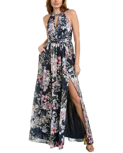 Aidan Mattox Printed Halter Maxi Dress In Navy