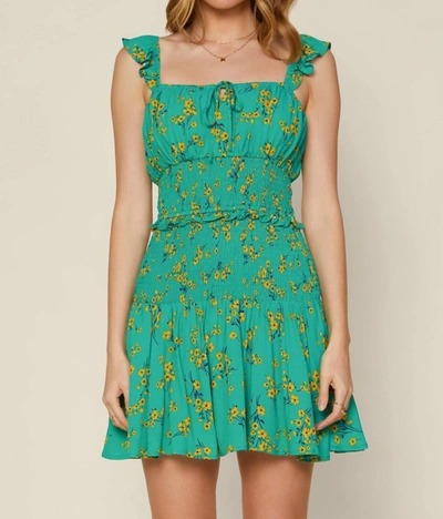 Skies Are Blue Floral Smocked Mini Dress In Green In Blue