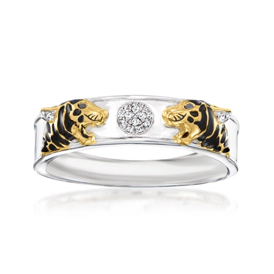 Ross-simons Black And White Diamond-accented Tiger Ring With Black Enamel In 2-tone Sterling Silver