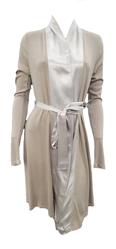 Pj Harlow Elijah Rib Knit Longsleeve Robe With Satin Trim And Belt In Clay In Grey