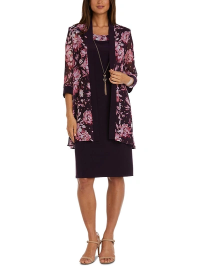 R & M Richards Women's Necklace Dress & Foil-print Jacket In Eggplant
