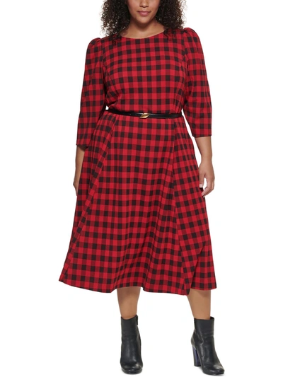 Calvin Klein Plus Womens Checkered Calf Midi Dress In Red