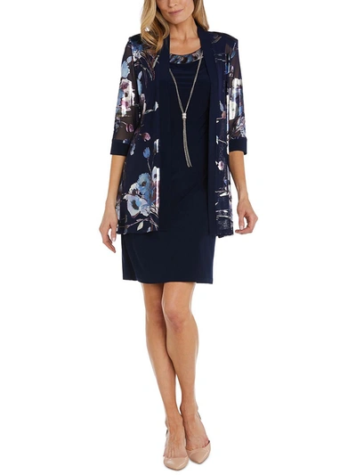 R & M Richards Petites Womens Mesh Floral Two Piece Dress In Blue