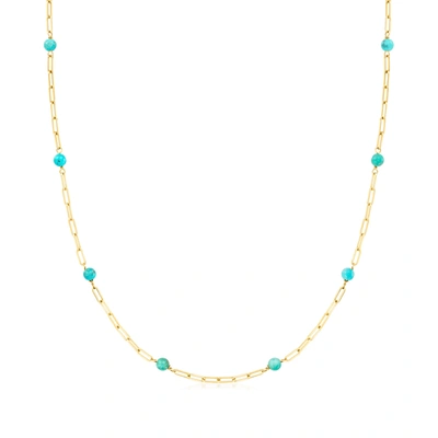 Rs Pure By Ross-simons 3-4mm Turquoise Bead Station Paper Clip Link Necklace In 14kt Yellow Gold In Blue