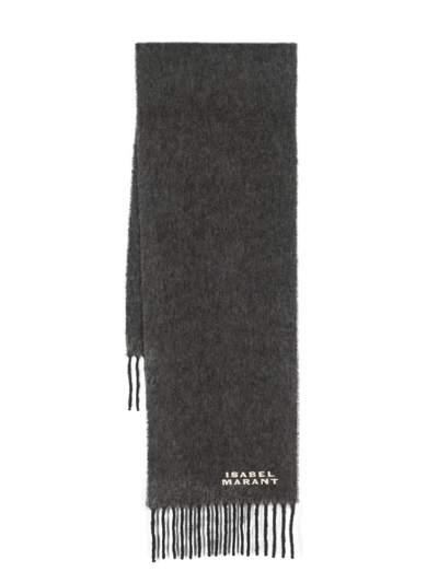 ISABEL MARANT GREY FIRNY LOGO-EMBROIDERED SCARF