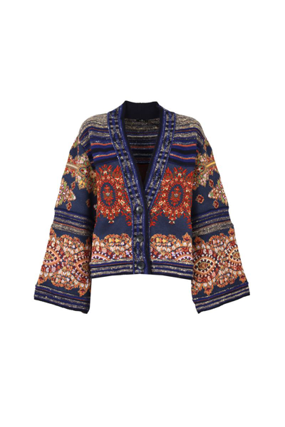Etro Wool-blend Cardigan With Pattern In Navy