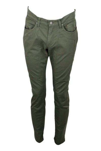 Jeckerson 5-pocket Stretch Light Cotton Trousers With Zip, Slim Fit And Tone-on-tone Patch In Green