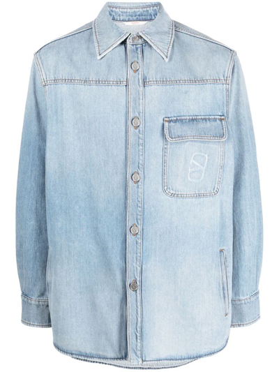 Valentino Long-sleeve Buttoned Denim Shirt In Denim Blu Lav Chiaro