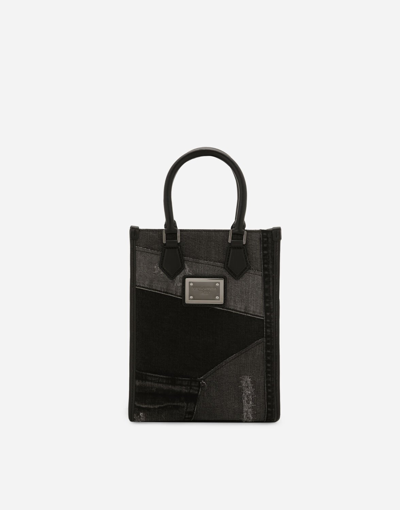 Dolce & Gabbana Small Patchwork Denim Shopper In Black