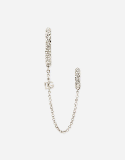 Dolce & Gabbana Single Rhinestone-detailed Creole Earring With Chain Accent In Silver