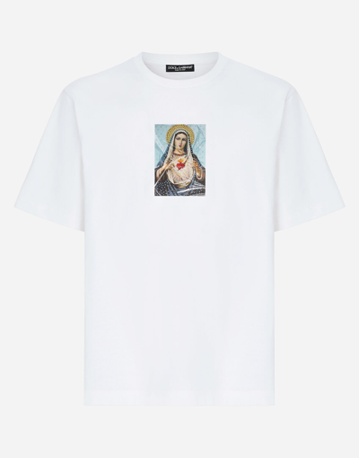 Dolce & Gabbana Printed Cotton T-shirt With Fusible Rhinestone Embellishment In White