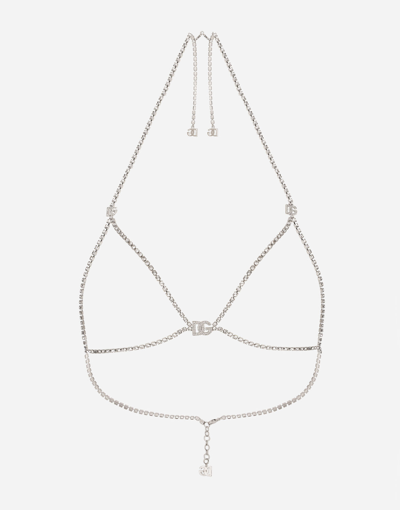 Dolce & Gabbana Rigid Rhinestone-detailed Decorative Bra With Dg Logo In Silver