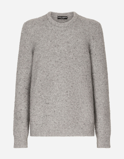 Dolce & Gabbana Technical Wool Round-neck Sweater With Logo Tag In Light_grey_1