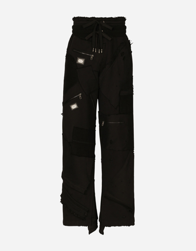Dolce & Gabbana Patchwork Jersey Jogging Pants With Logo Tag In Black