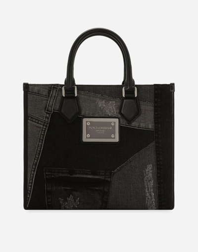 Dolce & Gabbana Small Patchwork Denim Shopper In Black