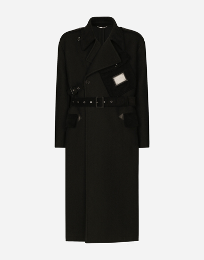 Dolce & Gabbana Double-breasted Baize Trench Coat With Logo Label In Black