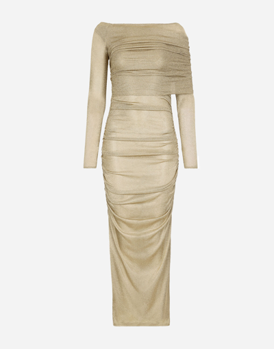 Dolce & Gabbana Draped Metallic Mesh-jersey Midi Dress In Gold