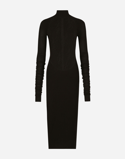 Dolce & Gabbana Jersey Calf-length Dress With Chantilly Lace Insert In Black