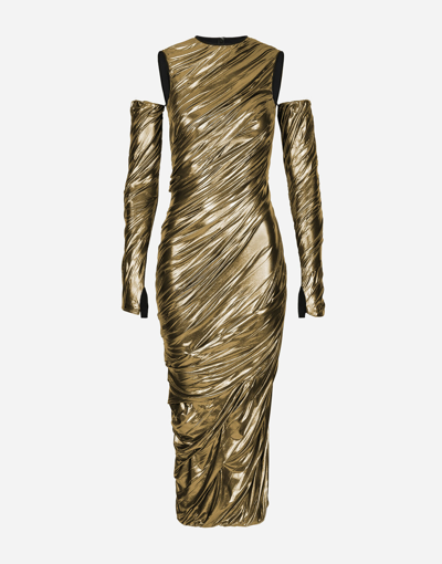 Dolce & Gabbana Foiled Organzine Calf-length Dress With Gloves In Gold