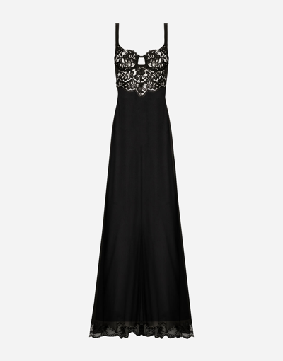 Dolce & Gabbana Long Silk Chiffon Dress With Lace Body In Black