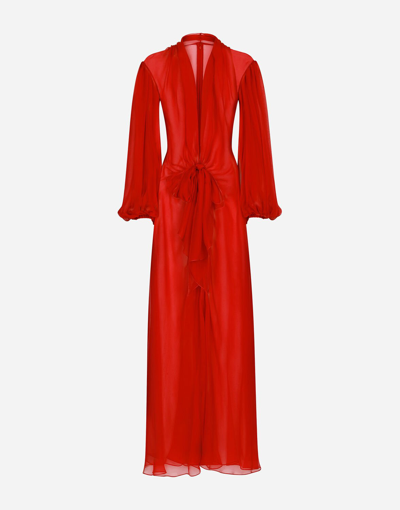 Dolce & Gabbana Long Silk Chiffon Dress With Bow Detail In Bordeaux