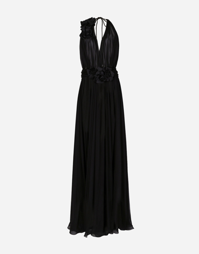DOLCE & GABBANA LONG SILK CHIFFON DRESS WITH FLORAL APPLIQUÉ