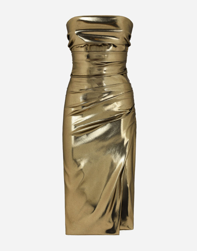 Dolce & Gabbana Foiled Satin Strapless Calf-length Dress In Gold
