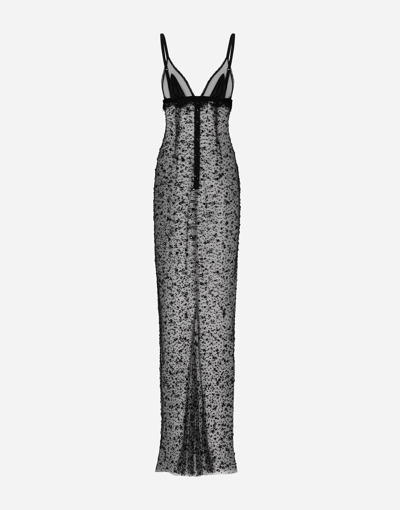 Dolce & Gabbana Long Tulle Slip Dress With All-over Rhinestone Embellishment In Black