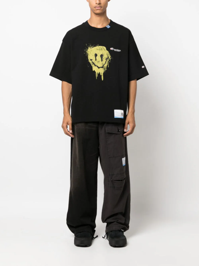 Miharayasuhiro Smiley Face Printed Cotton T-shirt In Black