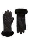 Ugg Faux Fur Trim Quilted Gloves In Black