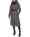 DKNY WOMENS MAXI BELTED HOODED PUFFER COAT