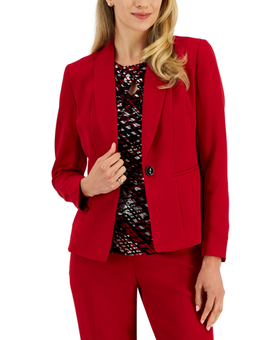 Kasper Womens Blazer Printed Twist Neck Top Slim Modern Trousers In Fire Red