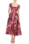 Kay Unger Tierney Floral Tea Length Dress In Garnet Multi