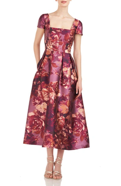 Kay Unger Tierney Floral Tea Length Dress In Garnet Multi