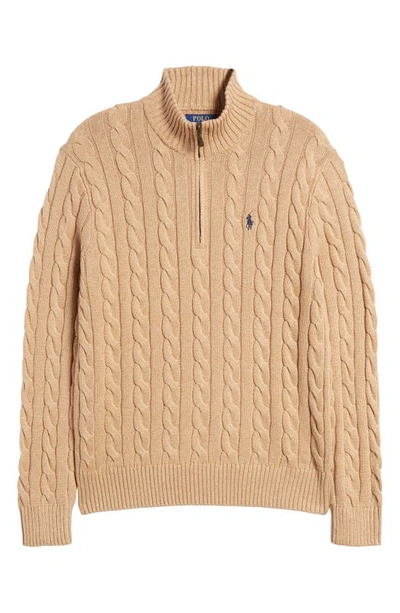 Polo Ralph Lauren Driver Icon Logo Half Zip Roving Cotton Cable Knit Sweater In Camel Heather-neutral