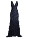 Basix Women's Feather Embellished Plunge V-neck Gown In Navy